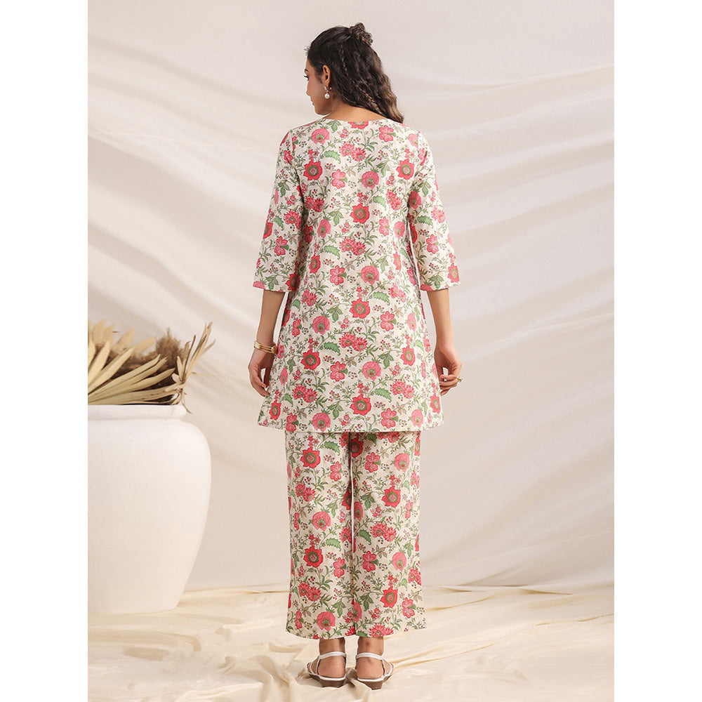 Janasya Womens Off White Cotton Floral A-Line Co-Ord (Set of 2)