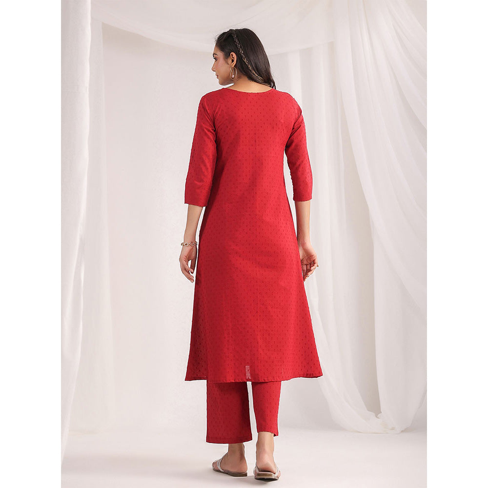 Janasya Womens Red Dobby Cotton Self Design A-Line Co-ord (Set of 2)