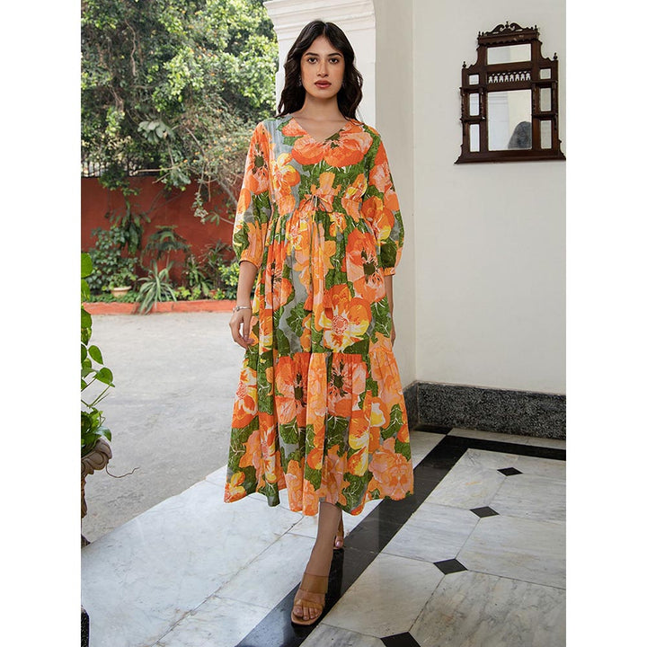 Janasya Womens Multicolour Cotton Floral Fit & Flare Dress
