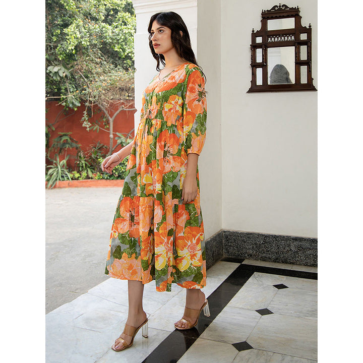 Janasya Womens Multicolour Cotton Floral Fit & Flare Dress