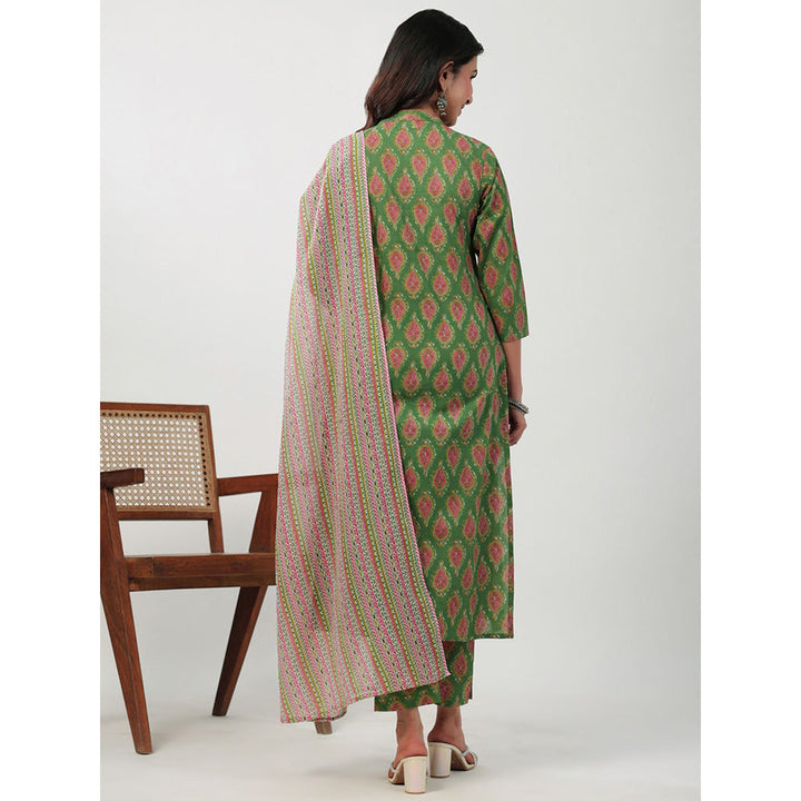 Janasya Womens Green Cotton Ethnic Motifs Regular Kurta with Pant and Dupatta (Set of 3)