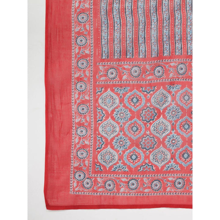 Janasya Womens Red Cotton Ethnic Motifs Straight Kurta with Pant and Dupatta (Set of 3)