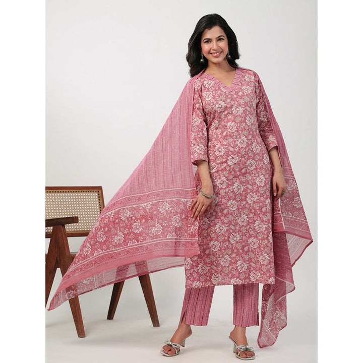 Janasya Womens Pink Cotton Floral Straight Kurta with Pant and Dupatta (Set of 3)