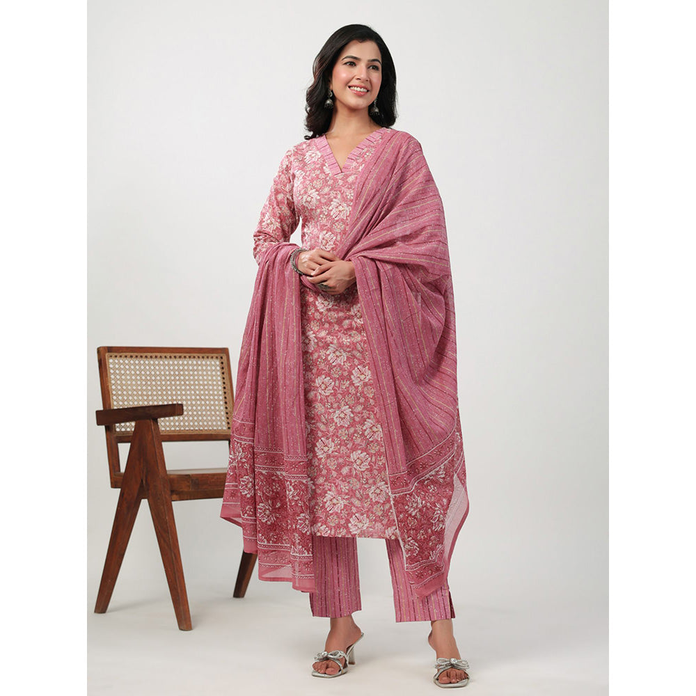 Janasya Womens Pink Cotton Floral Straight Kurta with Pant and Dupatta (Set of 3)