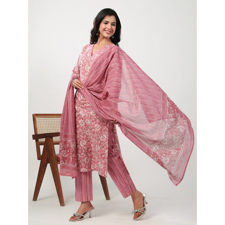 Janasya Womens Pink Cotton Floral Straight Kurta with Pant and Dupatta (Set of 3)