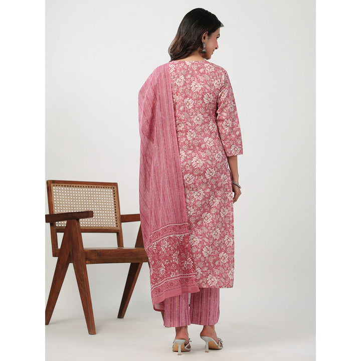 Janasya Womens Pink Cotton Floral Straight Kurta with Pant and Dupatta (Set of 3)