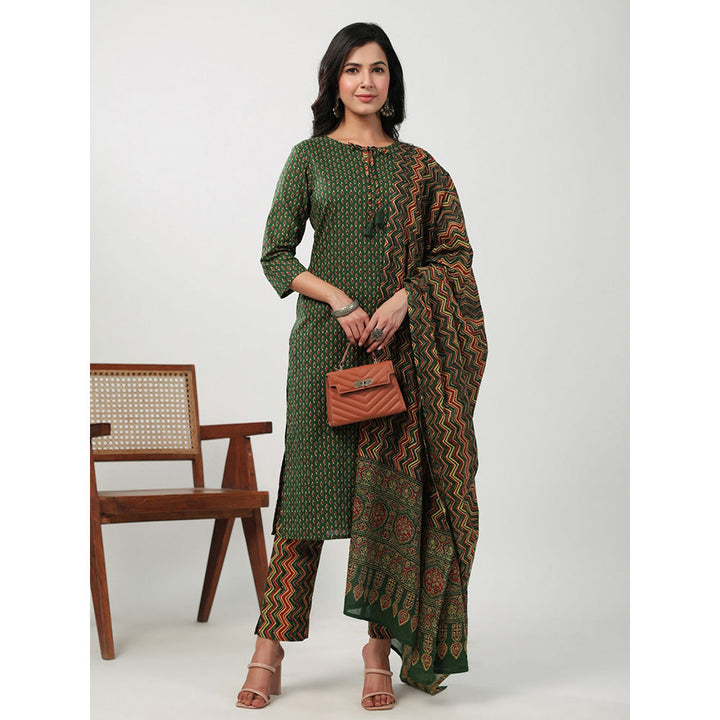 Janasya Womens Green Cotton Ethnic Motifs Regular Kurta with Pant and Dupatta (Set of 3)