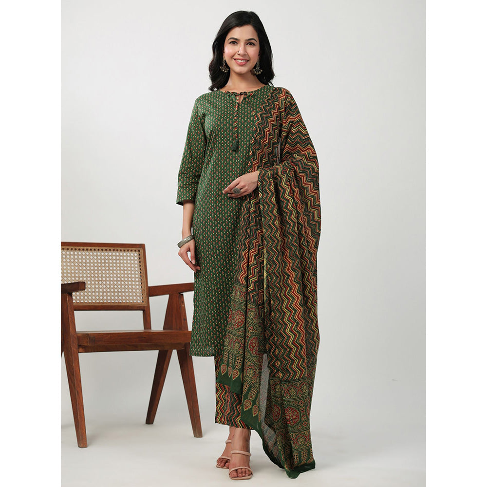 Janasya Womens Green Cotton Ethnic Motifs Regular Kurta with Pant and Dupatta (Set of 3)