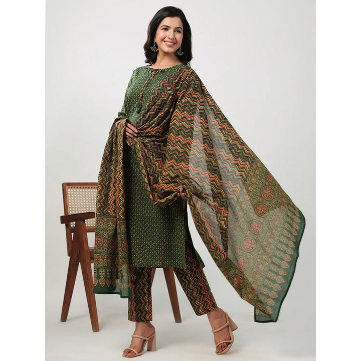 Janasya Womens Green Cotton Ethnic Motifs Regular Kurta with Pant and Dupatta (Set of 3)