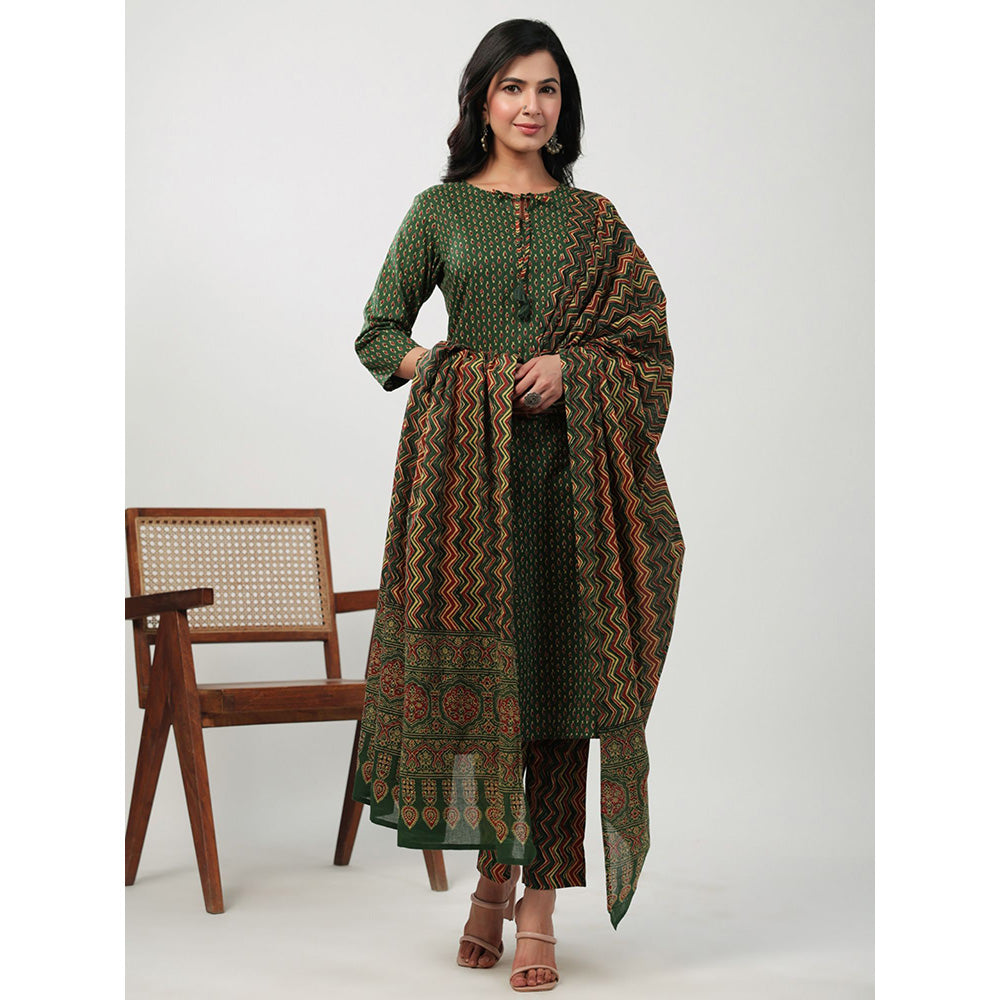 Janasya Womens Green Cotton Ethnic Motifs Regular Kurta with Pant and Dupatta (Set of 3)