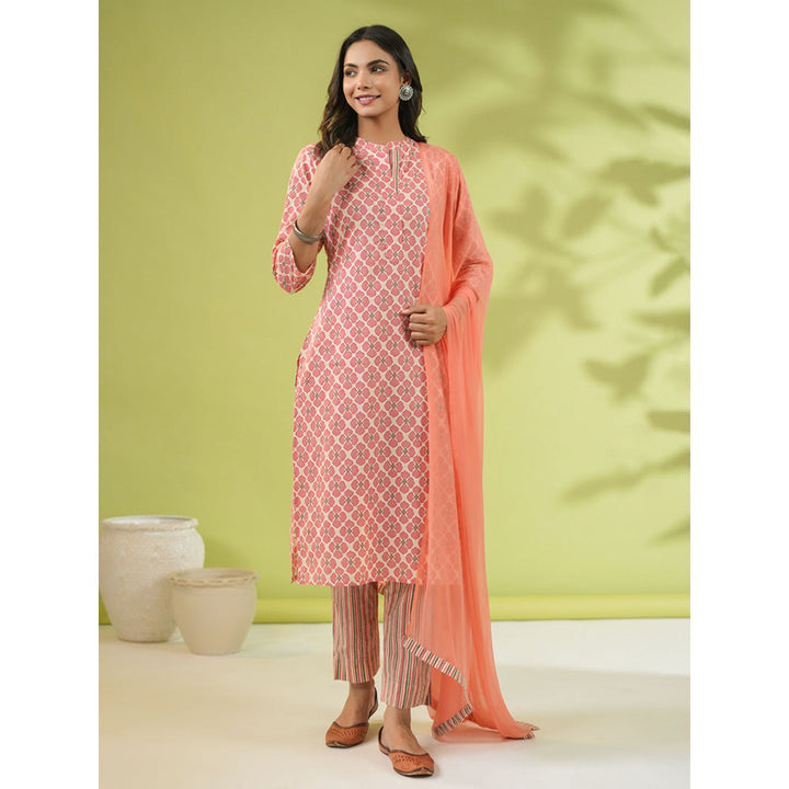 Janasya Womens Peach Cotton Floral Regular Kurta with Pant and Dupatta (Set of 3)