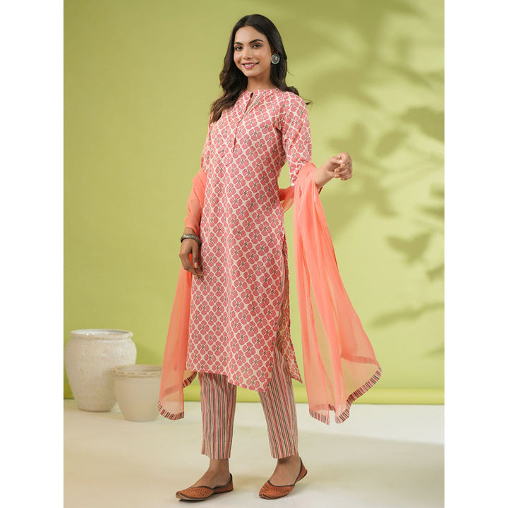 Janasya Womens Peach Cotton Floral Regular Kurta with Pant and Dupatta (Set of 3)