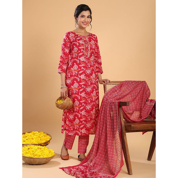 Janasya Womens Pink Cotton Floral Regular Kurta with Pant and Dupatta (Set of 3)