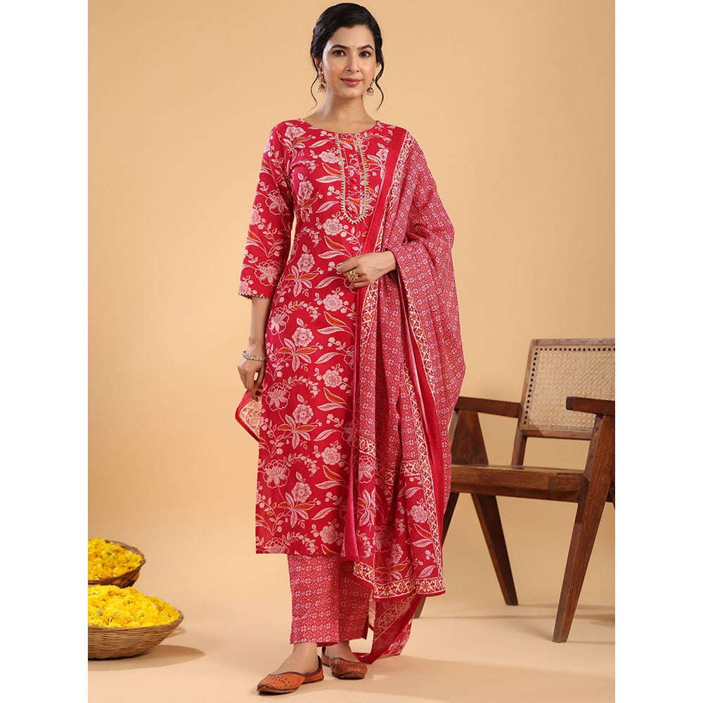 Janasya Womens Pink Cotton Floral Regular Kurta with Pant and Dupatta (Set of 3)