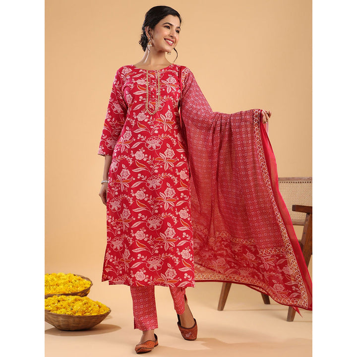 Janasya Womens Pink Cotton Floral Regular Kurta with Pant and Dupatta (Set of 3)