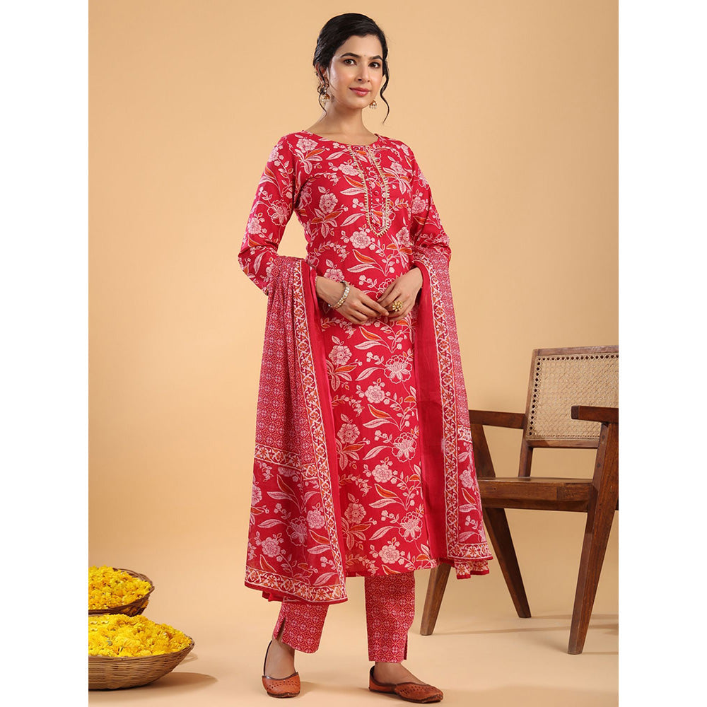 Janasya Womens Pink Cotton Floral Regular Kurta with Pant and Dupatta (Set of 3)