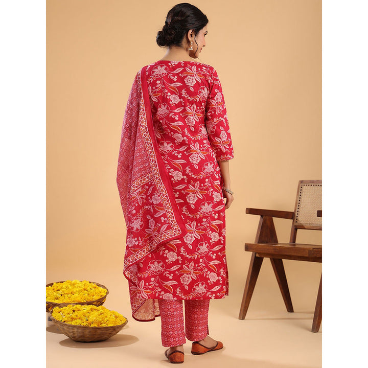 Janasya Womens Pink Cotton Floral Regular Kurta with Pant and Dupatta (Set of 3)