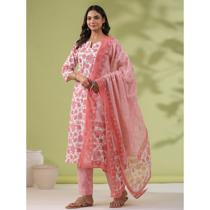 Janasya Womens White and Peach Cotton Floral Straight Kurta with Pant and Dupatta (Set of 3)