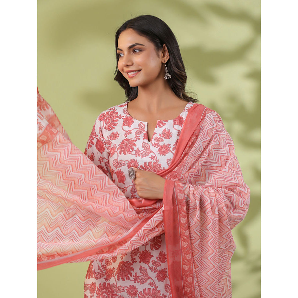 Janasya Womens White and Peach Cotton Floral Straight Kurta with Pant and Dupatta (Set of 3)