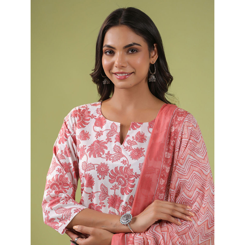 Janasya Womens White and Peach Cotton Floral Straight Kurta with Pant and Dupatta (Set of 3)