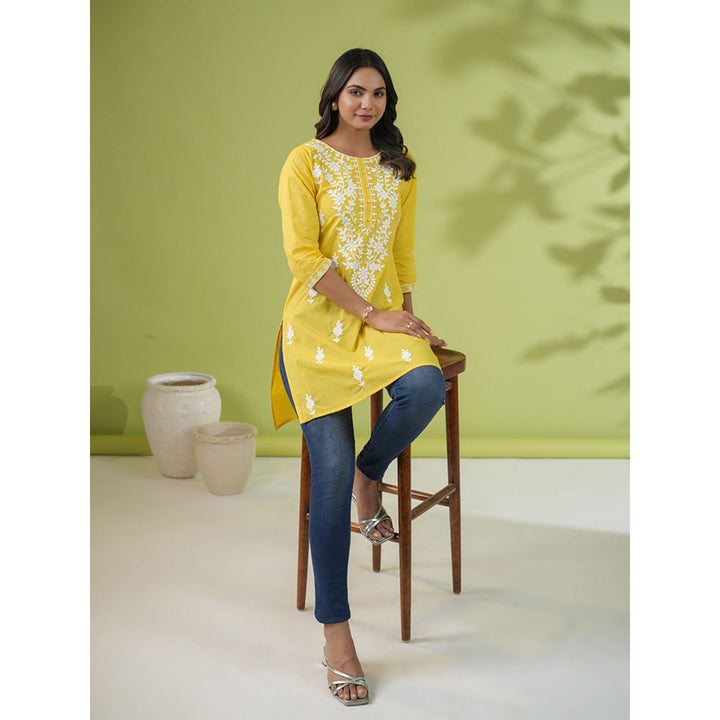 Janasya Womens Yellow Cotton Chikankari Regular Tunic