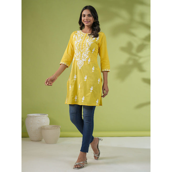 Janasya Womens Yellow Cotton Chikankari Regular Tunic