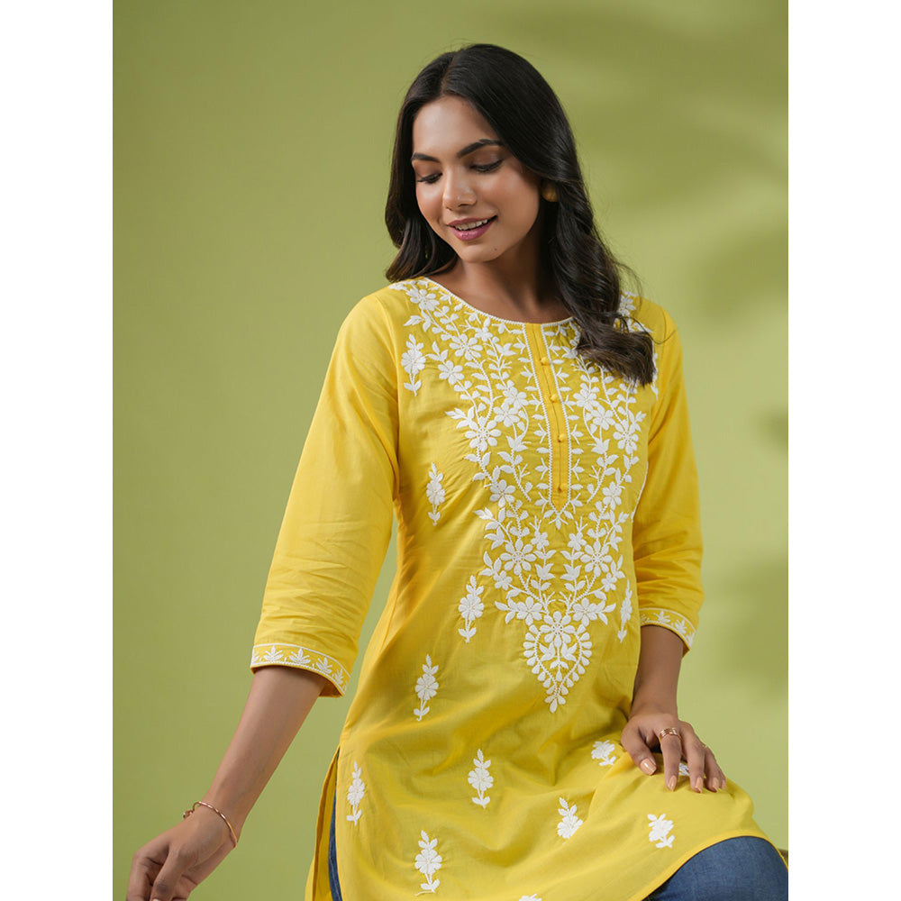 Janasya Womens Yellow Cotton Chikankari Regular Tunic