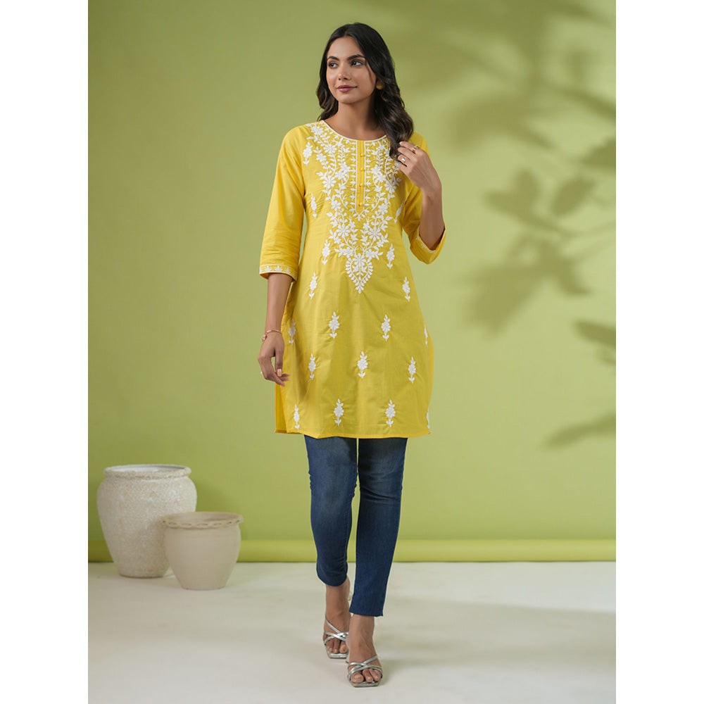 Janasya Womens Yellow Cotton Chikankari Regular Tunic