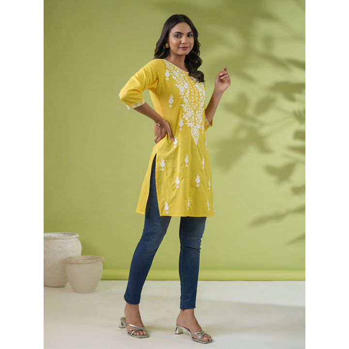 Janasya Womens Yellow Cotton Chikankari Regular Tunic