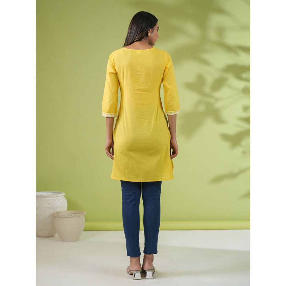 Janasya Womens Yellow Cotton Chikankari Regular Tunic