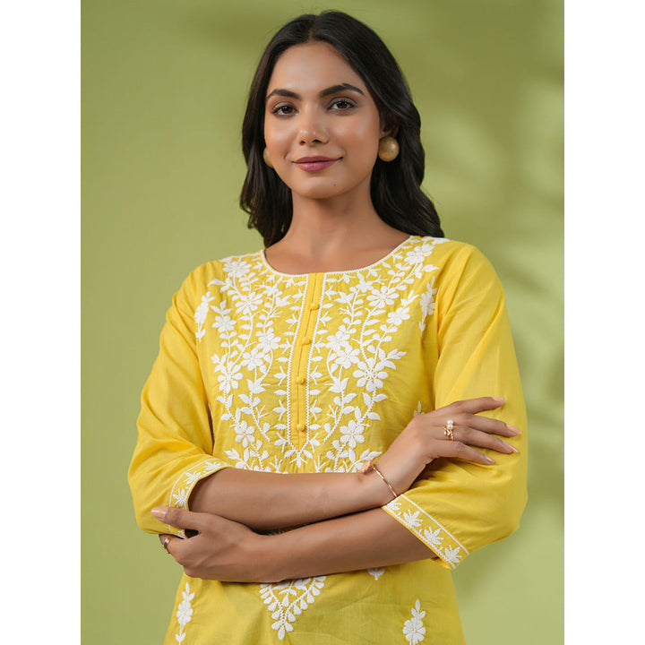 Janasya Womens Yellow Cotton Chikankari Regular Tunic