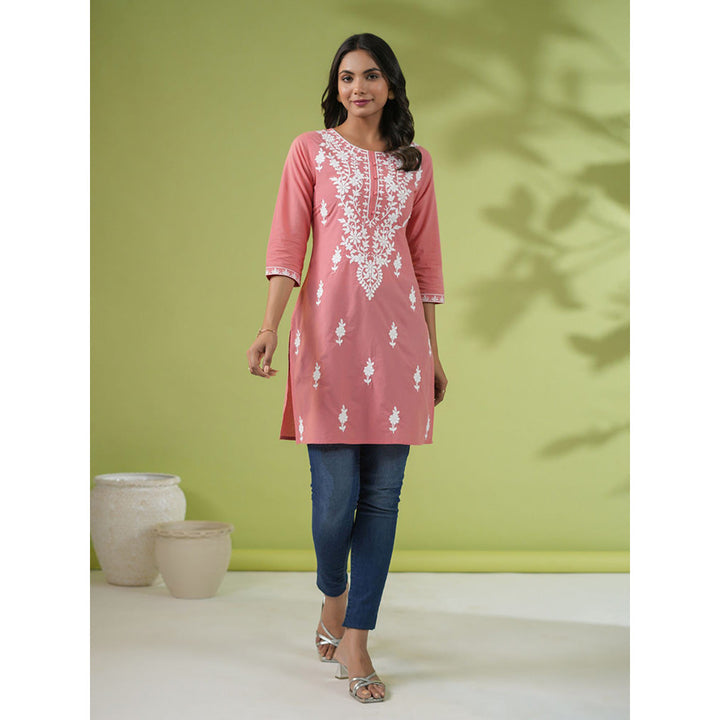 Janasya Womens Peach Cotton Chikankari Regular Tunic