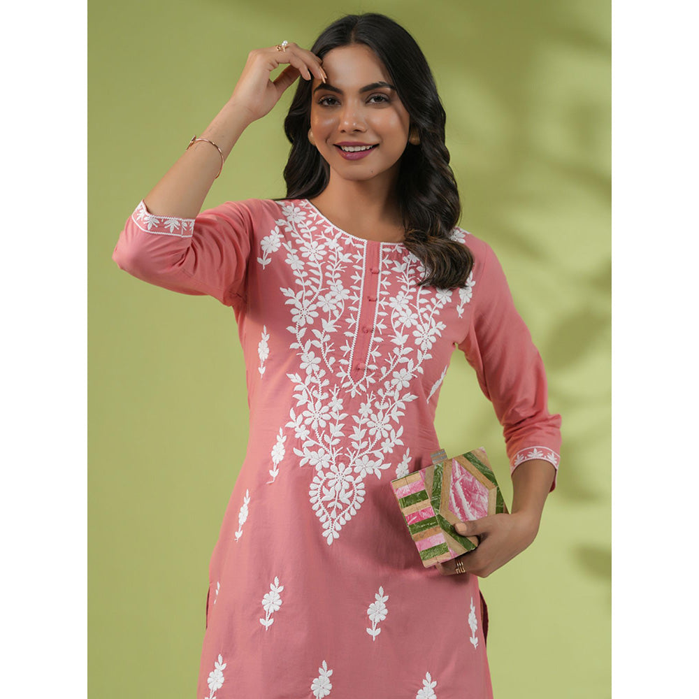 Janasya Womens Peach Cotton Chikankari Regular Tunic