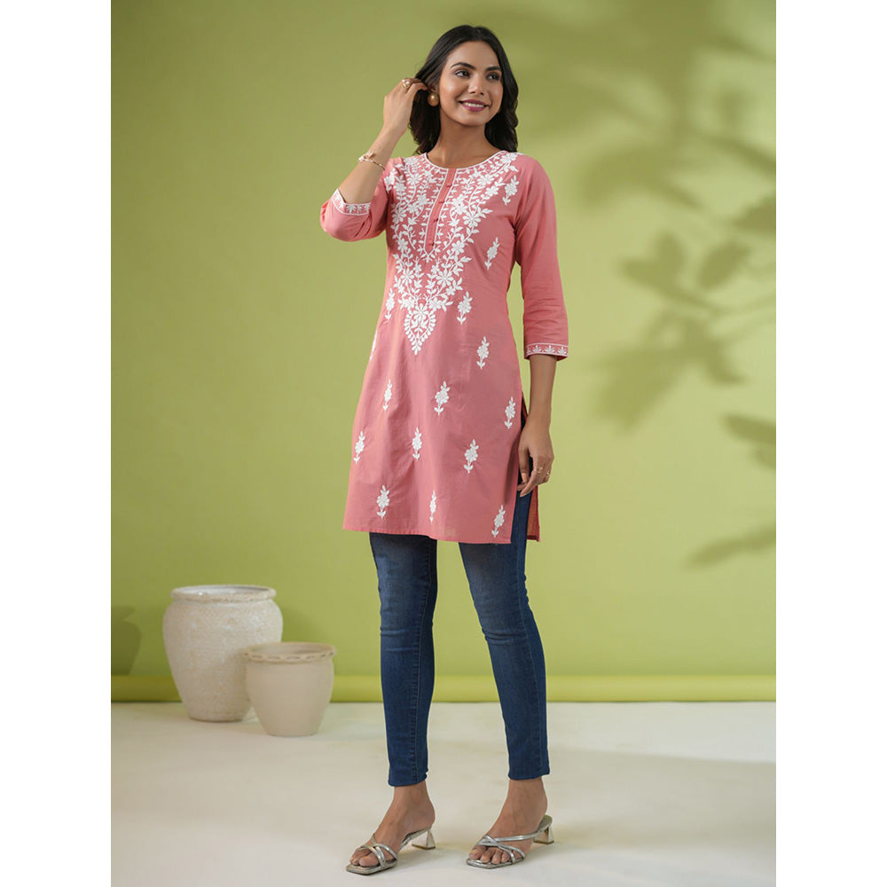 Janasya Womens Peach Cotton Chikankari Regular Tunic