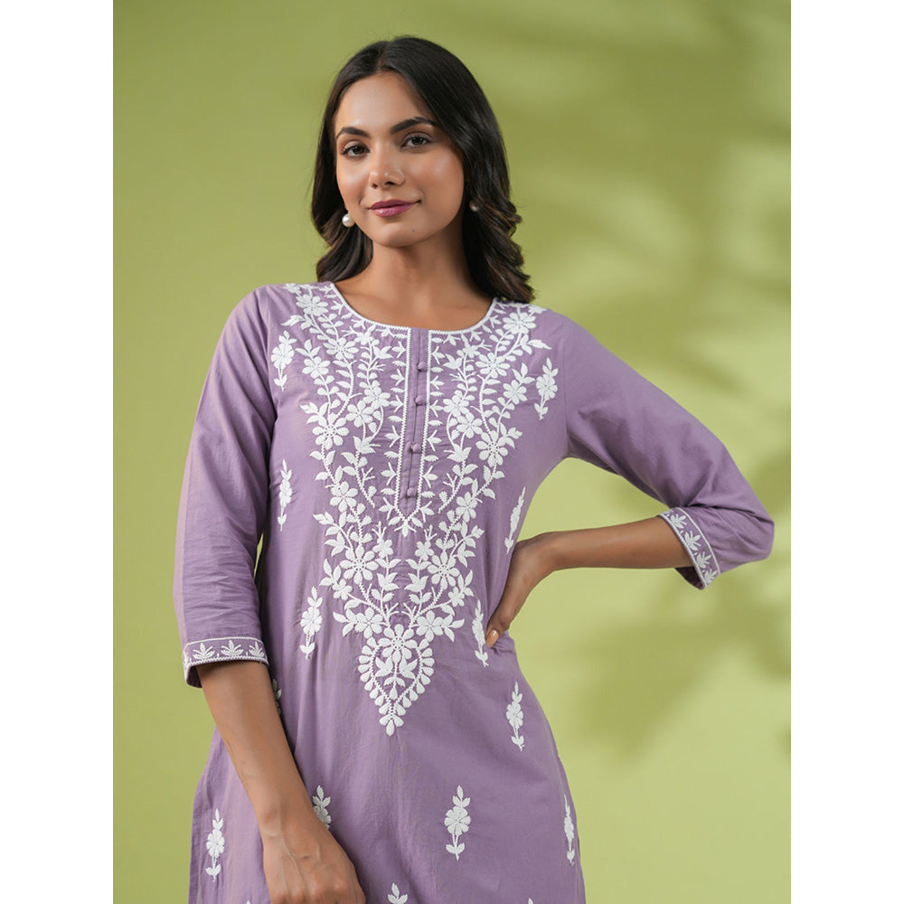 Janasya Womens Lavender Cotton Embroidered Regular Tunic