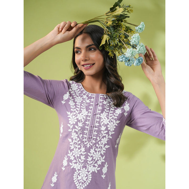 Janasya Womens Lavender Cotton Embroidered Regular Tunic