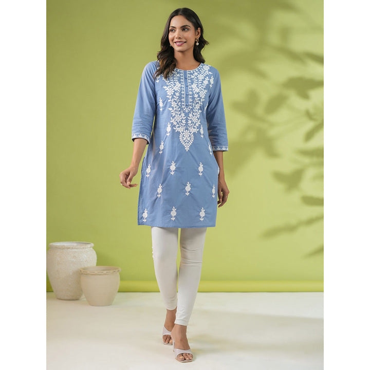 Janasya Womens Blue Cotton Embroidered Regular Tunic