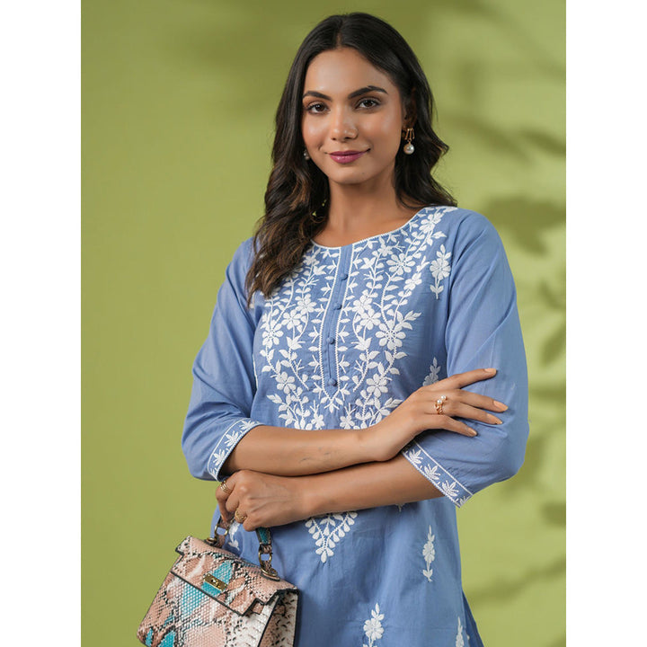 Janasya Womens Blue Cotton Embroidered Regular Tunic
