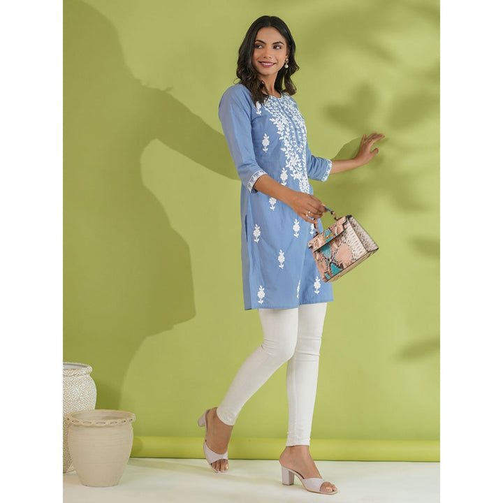 Janasya Womens Blue Cotton Embroidered Regular Tunic