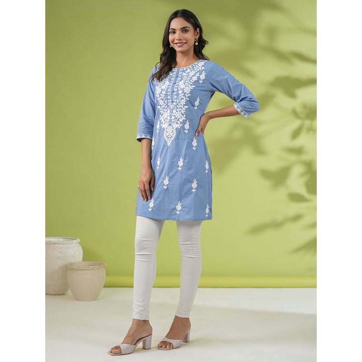 Janasya Womens Blue Cotton Embroidered Regular Tunic