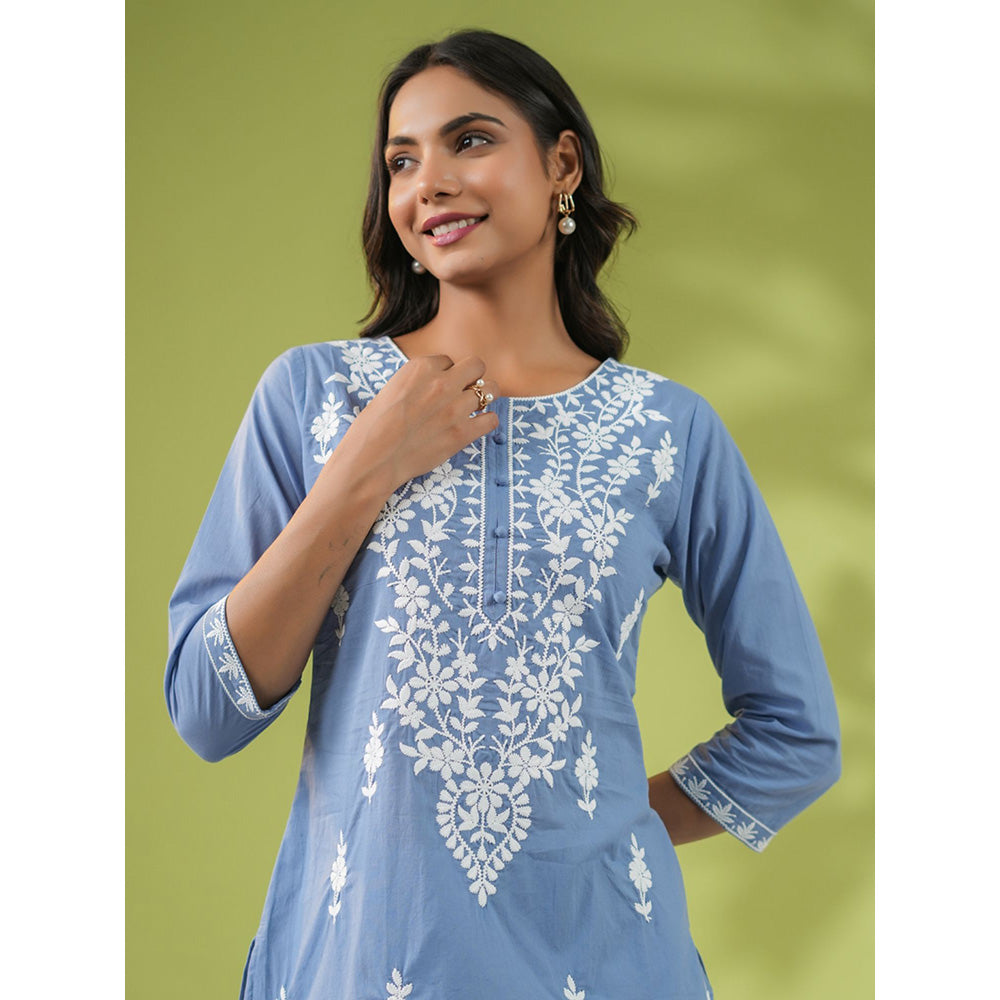 Janasya Womens Blue Cotton Embroidered Regular Tunic