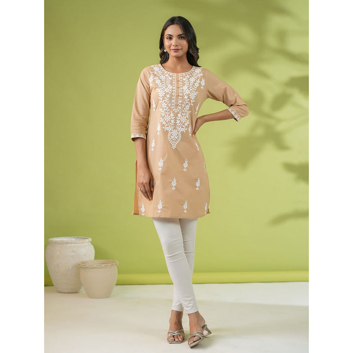 Janasya Womens Beige Cotton Chikankari Regular Tunic