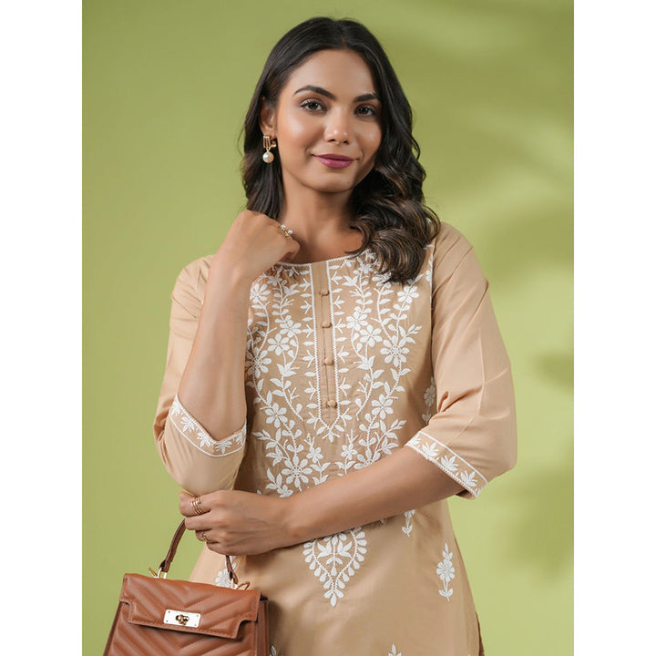 Janasya Womens Beige Cotton Chikankari Regular Tunic