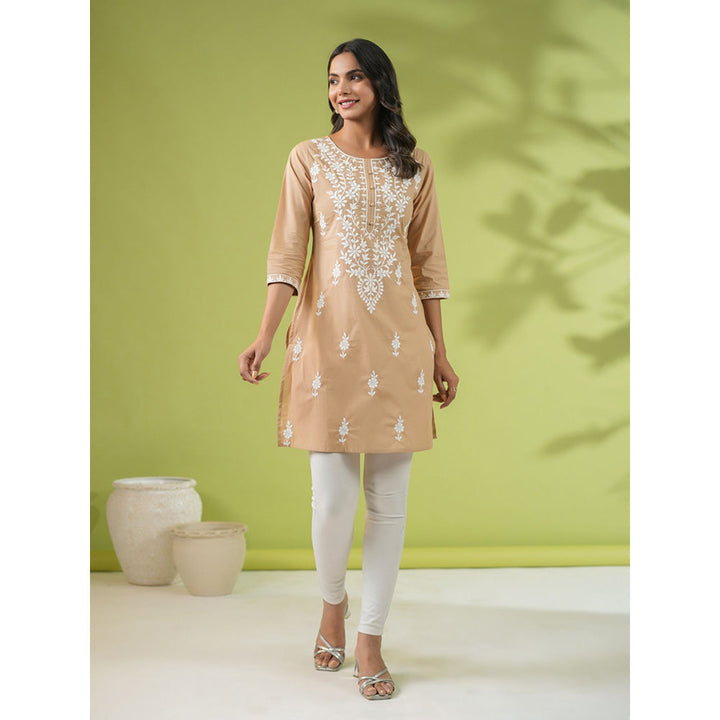 Janasya Womens Beige Cotton Chikankari Regular Tunic