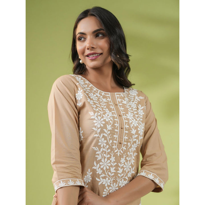 Janasya Womens Beige Cotton Chikankari Regular Tunic