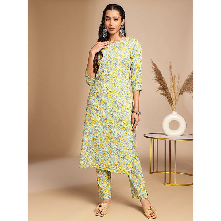 Janasya Womens Light Green Cotton Floral Straight Co-Ord (Set of 2)