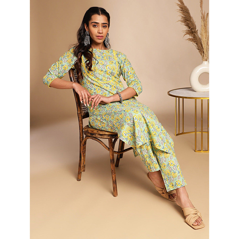 Janasya Womens Light Green Cotton Floral Straight Co-Ord (Set of 2)