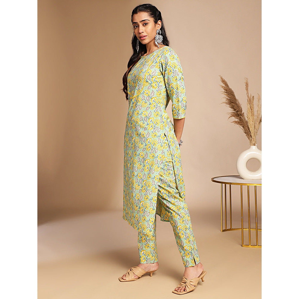 Janasya Womens Light Green Cotton Floral Straight Co-Ord (Set of 2)