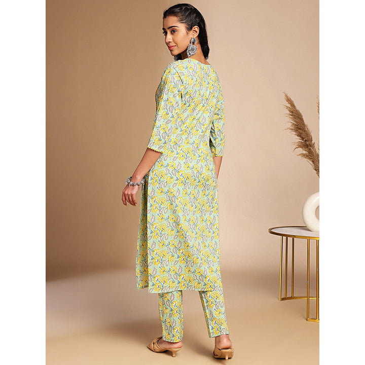 Janasya Womens Light Green Cotton Floral Straight Co-Ord (Set of 2)