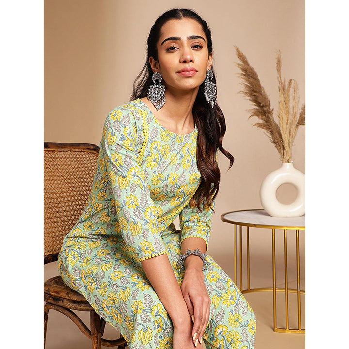 Janasya Womens Light Green Cotton Floral Straight Co-Ord (Set of 2)